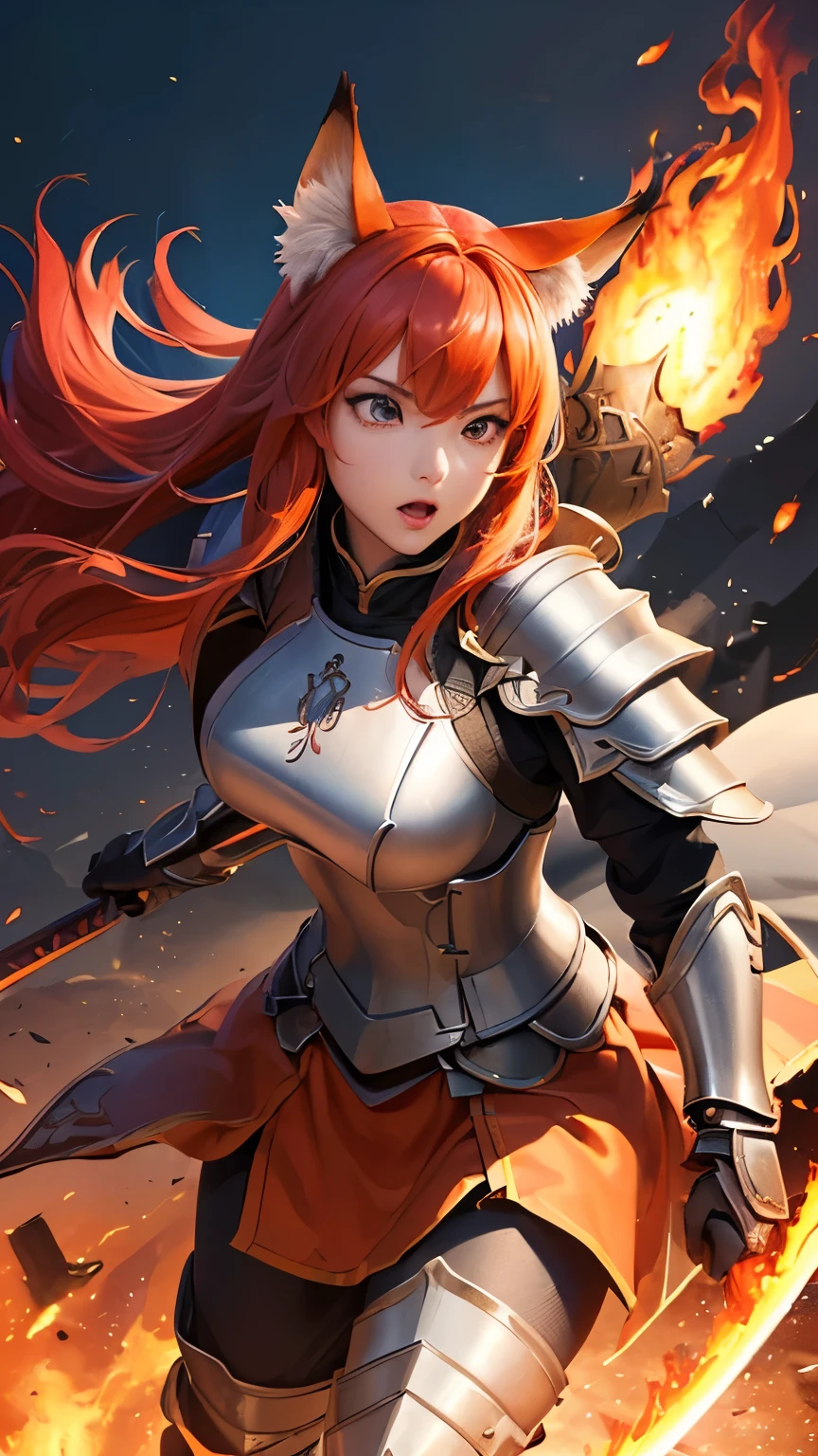 ((Highest quality))、((8K))、((Warrior))、((woman))、Slit eyes、((大人のwoman))、whole body、(armor)、((whole bodyarmor))、Fox Ears、long hair、((battlefield))、Cape、((Real))、Big Breasts、pants、((Flaming Sword))