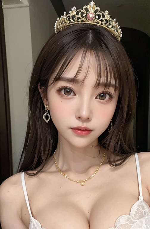 Princess , in castle , detailed hand , high quality, super quality, (detailed face:1.2), beautiful woman , golden eyes, long hair , tight gorgeous dress, tiara, necklace , earring , sharpe eyebrow , beautiful bangs are covering her eyes , mega breast ,