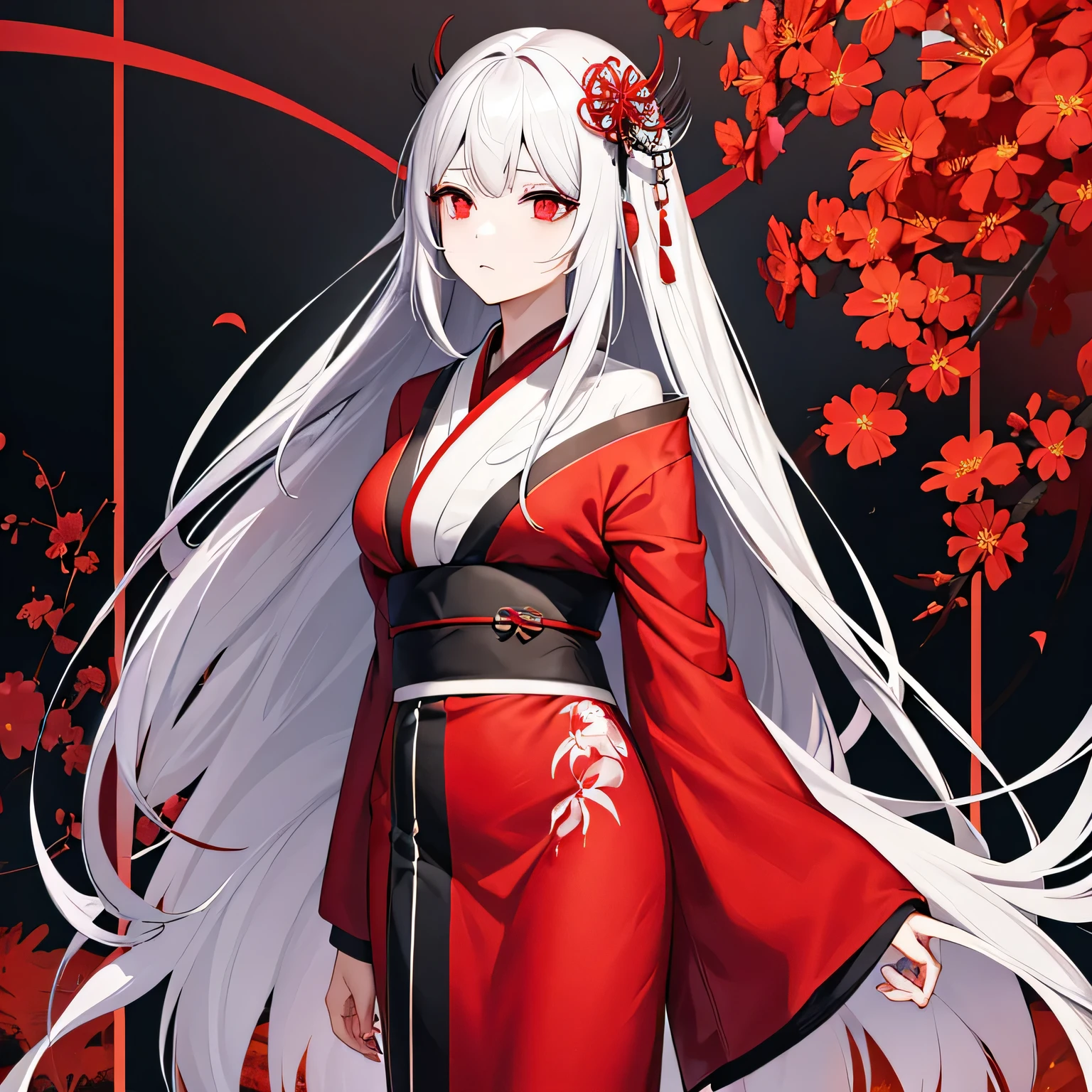 Beautiful woman with gray hair in kimono、Red eyes、Expressionless、Higanbana flowers are blooming everywhere..、Black background、Her white hair is down、The whole body is visible、Confused Eyes、Red spots in the hair、Long hair、Red tips、Standing in a field of red spider lilies、