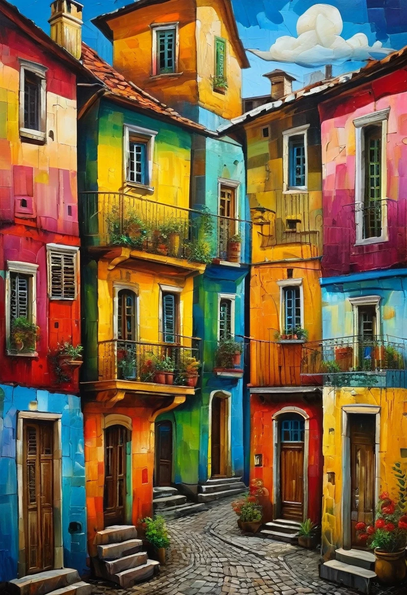 Georgian streets, residential areas in the style of primitivism. David Martiashvili. A rich palette, a special writing technique. Synthesis of primitive forms with complex painting techniques. Aesthetics.
