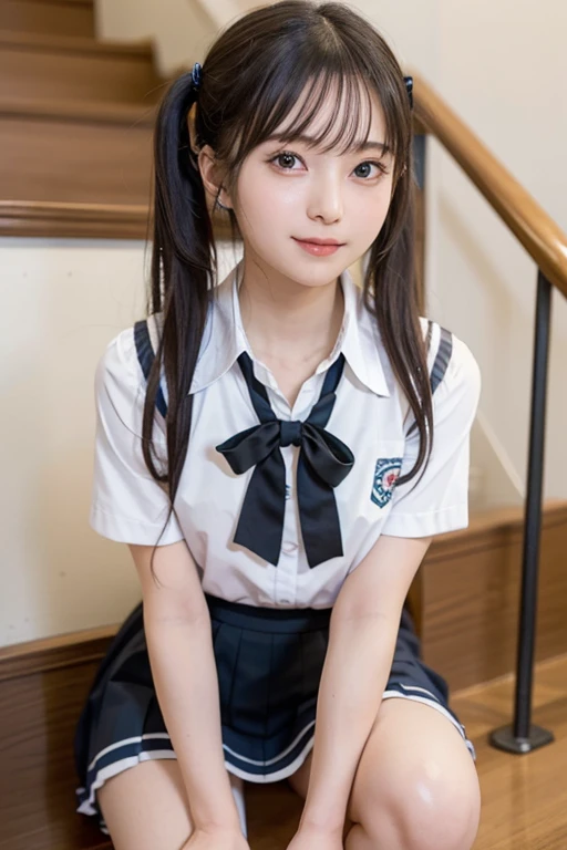 ((Detailed images of the skirt))、 ((Detailed images of the skirt))、highest quality, masterpiece, Ultra-high resolution, (Realistic:1.4), RAW Photos, Full Body Shot, Front view, From below, One Girl, The most famous Japanese idols, Crouching on the stairs, ((Wear a Japan high school uniform)), (Very cute face like the most popular Japanese idol, (Very beautiful big eyes)), Very beautiful twintails and very beautiful skin, Very beautiful long eyelashes, Very beautiful lips, Very beautiful short body, Very beautiful thighs, An innocent smile, View your audience, Dynamic pose, Detailed play area, ((Detailed matching of Japanese high school uniforms)), ((Detailed images of the skirt)、)((Detailed images of the skirt))、((Detailed images of the skirt))