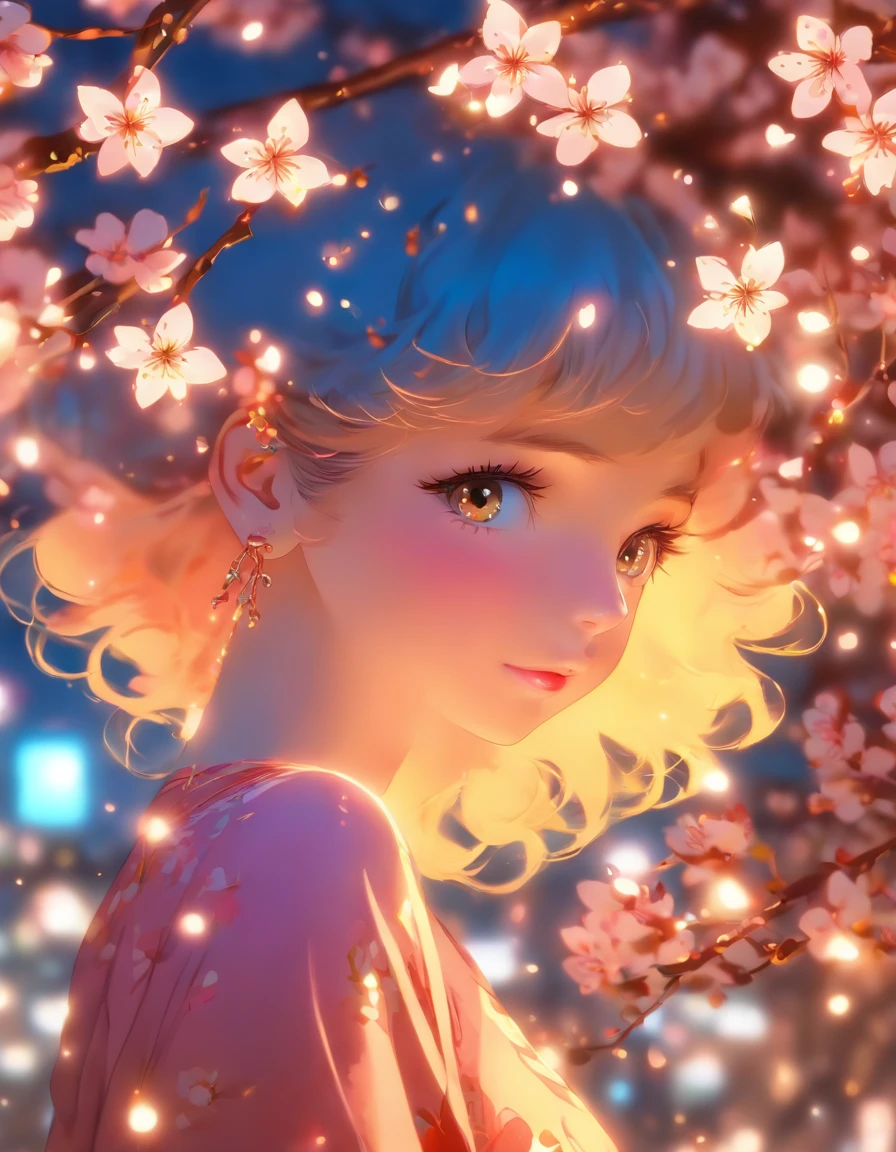 anime style, super fine illustration, highly detailed, dynamic angle, beautiful detailed, 8k, On a spring night, the cherry trees illuminated by the city lights are quietly shining. BREAK A woman stands still, captivated by the beautiful scene, watching the cherry blossoms flutter down. BREAK Her expression tells of her heartfelt admiration for the arrival of spring and the beauty of the cherry blossoms. masterpiece, top quality, Best quality, official art, beautiful and aesthetically pleasing:1.2), (1 girl, mature:1.3, got old:1.3), Extremely detailed,(fractal art:1.1),(colorful:1.4)(flowers:1.3),The most detailed,(zentangle:1.2), (dynamic pose), (abstract background:1.3), (shiny skin), (many colors:1.4),(earrings:1.4),