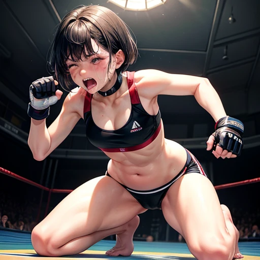 in a octagon. on the mma ring. her eyes are closed. She is shedding a lot of tears. She is crying a lot. She is screaming. Cute Japanese high school girl with short-cut black hair. She is crawling on all fours in a octagon. Sports bra, bikini pants, open finger gloves. Very sweaty, slender body, poor body, Small breasts. poor belly,