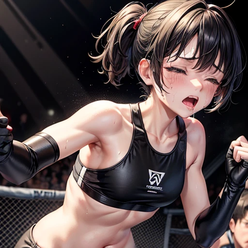 in a octagon. on the mma ring. her eyes are closed. She is shedding a lot of tears. She is crying a lot. She is screaming. Cute Japanese high school girl with short-cut black hair. She is crawling on all fours in a octagon. Sports bra, bikini pants, open finger gloves. Very sweaty, slender body, poor body, Small breasts. poor belly,