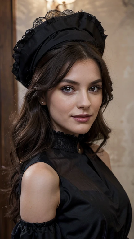 Jeune femme de 25 ans, visage fin, cheveux long, yeux marrons, HD, 8K, masterpiece, sourire romantique, maquillage noir, black lips, tenue gothique, vêtements noirs et violets, toile d'araignée en dentelle, cheveux noirs et violets