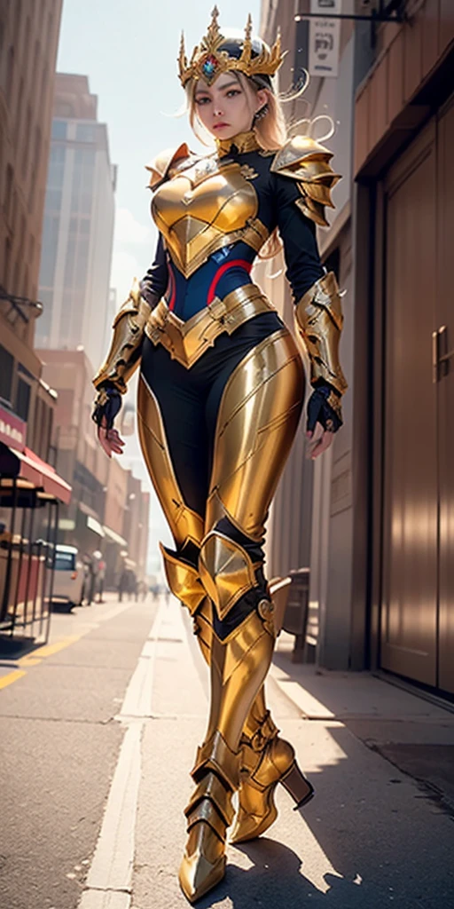 身着奇幻风格的全身盔甲的woman, A Crown Concepts fully enclosed helmet，Only the eyes are exposed, Composite breast plate, Full shoulder and hand protection, Light waist armor, Shin guards, The overall design is durable and flexible, ((The armor shines with golden light, With red and blue accents)), Exudes nobility, She floats above a fantastical, surreal, high-tech city, This character embodies a fantasy surreal armored hero carefully crafted in anime style, Exquisite and mature comic art style, (Queen Bee and Hybrid Concept Armor, Reality, Beautiful woman), ((elegant, goddess, woman:1.5)), Metal, HD, best quality, high resolution, Super detailed, Super Fine, Extremely refined, professional, Anatomically correct, Symmetrical face, Extremely detailed eyes and face, High quality eyes, creativity, original photo, 超HD, 32k, Natural light, Movie Lighting, masterpiece-anatomy-perfect, masterpiece:1.5