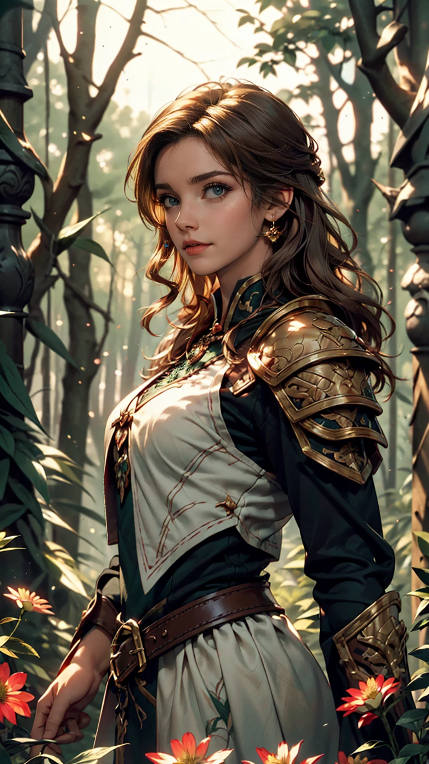 Dark Skin, Detailed beautiful young woman, Reddish golden brown hair, length, Wavy messy hair, Perfect green eye detail, Delicate, symmetrical, realistic and beautiful face, (Magical forest background), Ranger Costume Leather Armor, Fairy, Wildflowers that blend into your hair, whole body, masterpiece, Absurd,The finer details, Rich colors, Dramatic lighting, Very detailed, Cinema Lighting