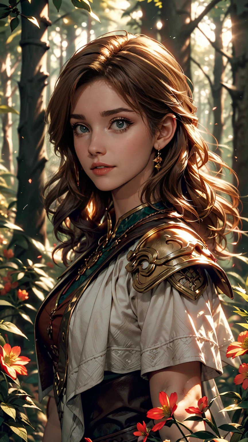 Dark Skin, Detailed beautiful young woman, Reddish golden brown hair, length, Wavy messy hair, Perfect green eye detail, Delicate, symmetrical, realistic and beautiful face, (Magical forest background),  Ranger Costume Leather Armor, Fairy, Wildflowers that blend into your hair, whole body, masterpiece, Absurd,The finer details, Rich colors, Dramatic lighting, Very detailed, Cinema Lighting