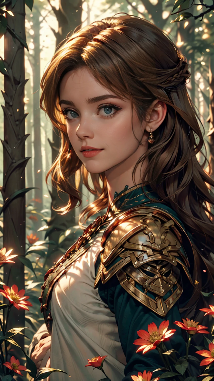 Dark Skin, Detailed beautiful young woman, Reddish golden brown hair, length, Wavy messy hair, Perfect green eye detail, Delicate, symmetrical, realistic and beautiful face, (Magical forest background), Ranger Costume Leather Armor, Fairy, Wildflowers that blend into your hair, whole body, masterpiece, Absurd,The finer details, Rich colors, Dramatic lighting, Very detailed, Cinema Lighting