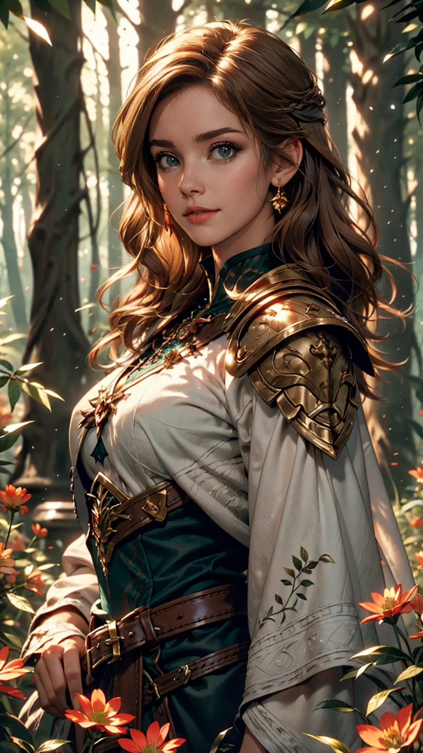Dark Skin, Detailed beautiful young woman, Reddish golden brown hair, length, Wavy messy hair, Perfect green eye detail, Delicate, symmetrical, realistic and beautiful face, (Magical forest background), Ranger Costume Leather Armor, Fairy, Wildflowers that blend into your hair, whole body, masterpiece, Absurd,The finer details, Rich colors, Dramatic lighting, Very detailed, Cinema Lighting
