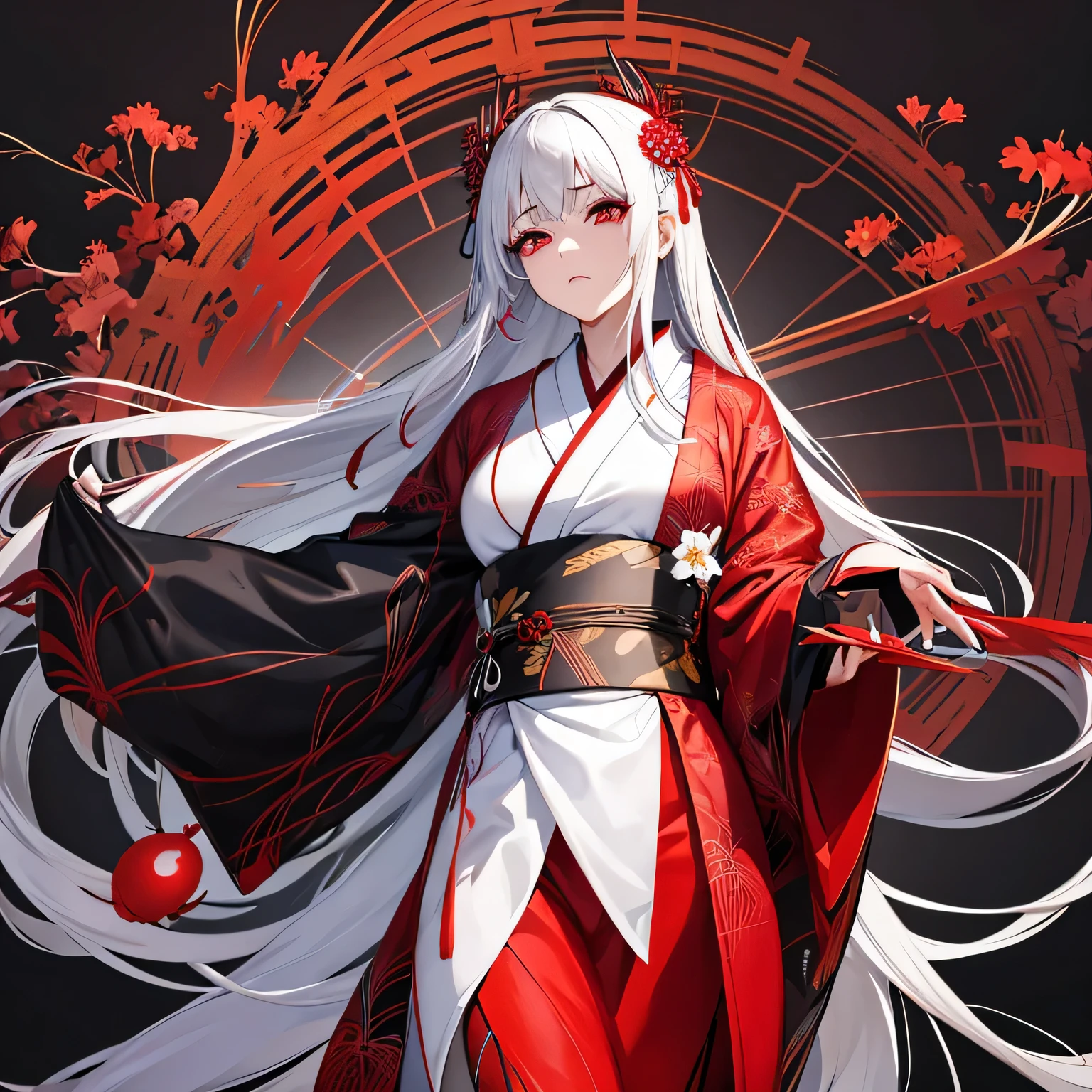 Beautiful woman with gray hair in kimono、Red eyes、Expressionless、Red spider lilies are blooming everywhere..、Black background、Her white hair is down、The whole body is visible、Confused Eyes、Red spots in hair、Long Hair、Red mesh hair、Standing in a field of red spider lilies、The kimono is black、Looking down、