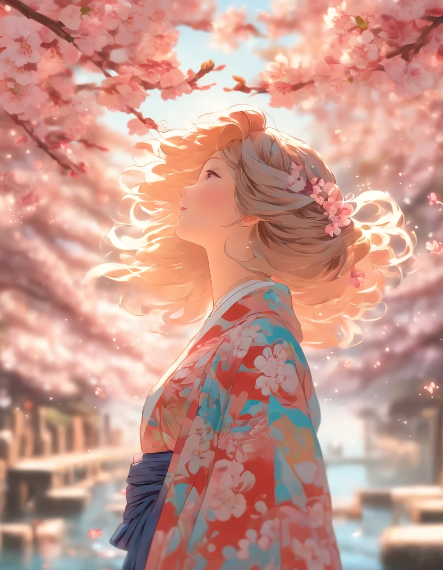 anime style, very fine illustration, high detail, dynamic foreshortening, excellent detail, 8k, The girl is impressed by the cherry blossom in Fuji-Hakone-Izu National Park and the blue sky on the shore of a lake with a mountain. Sakura petals dance in the wind, the surface of the lake is calm, and the girl's expression is sincerely touched by the beauty of nature.masterpiece, top quality, Best quality, official art, beautiful and aesthetically pleasing:1.2), (1 girl, mature:1.3, got old:1.3), Extremely detailed,(fractal art:1.1),(colorful:1.4)(flowers:1.3),The most detailed,(zentangle:1.2), (dynamic pose), (abstract background:1.3), (shiny skin), (many colors:1.4),(earrings:1.4), Long hair