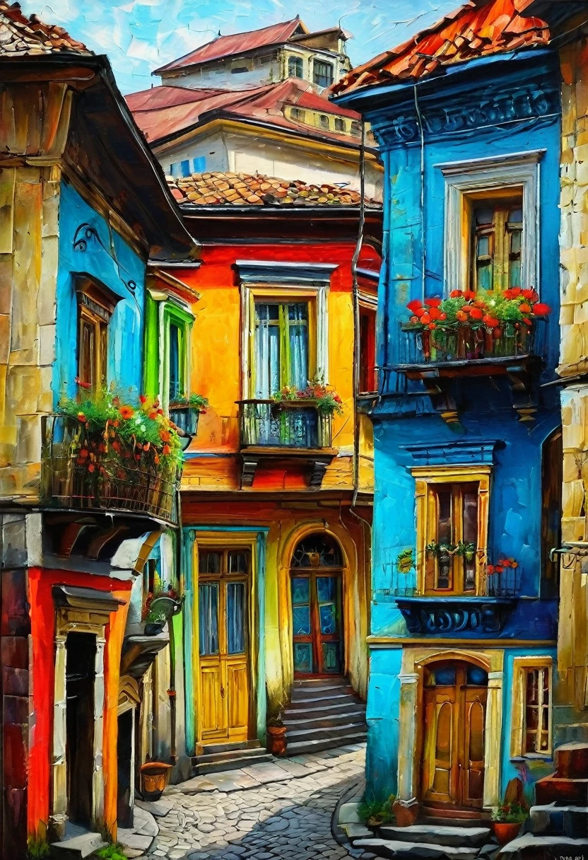 Georgian streets of old Tbilisi, in primitivism style. David Martiashvili. A rich palette, a special writing technique. Synthesis of primitive forms with complex painting techniques. Aesthetics. Colorful oil painting. Old shabby houses that have retained their beauty and charm
