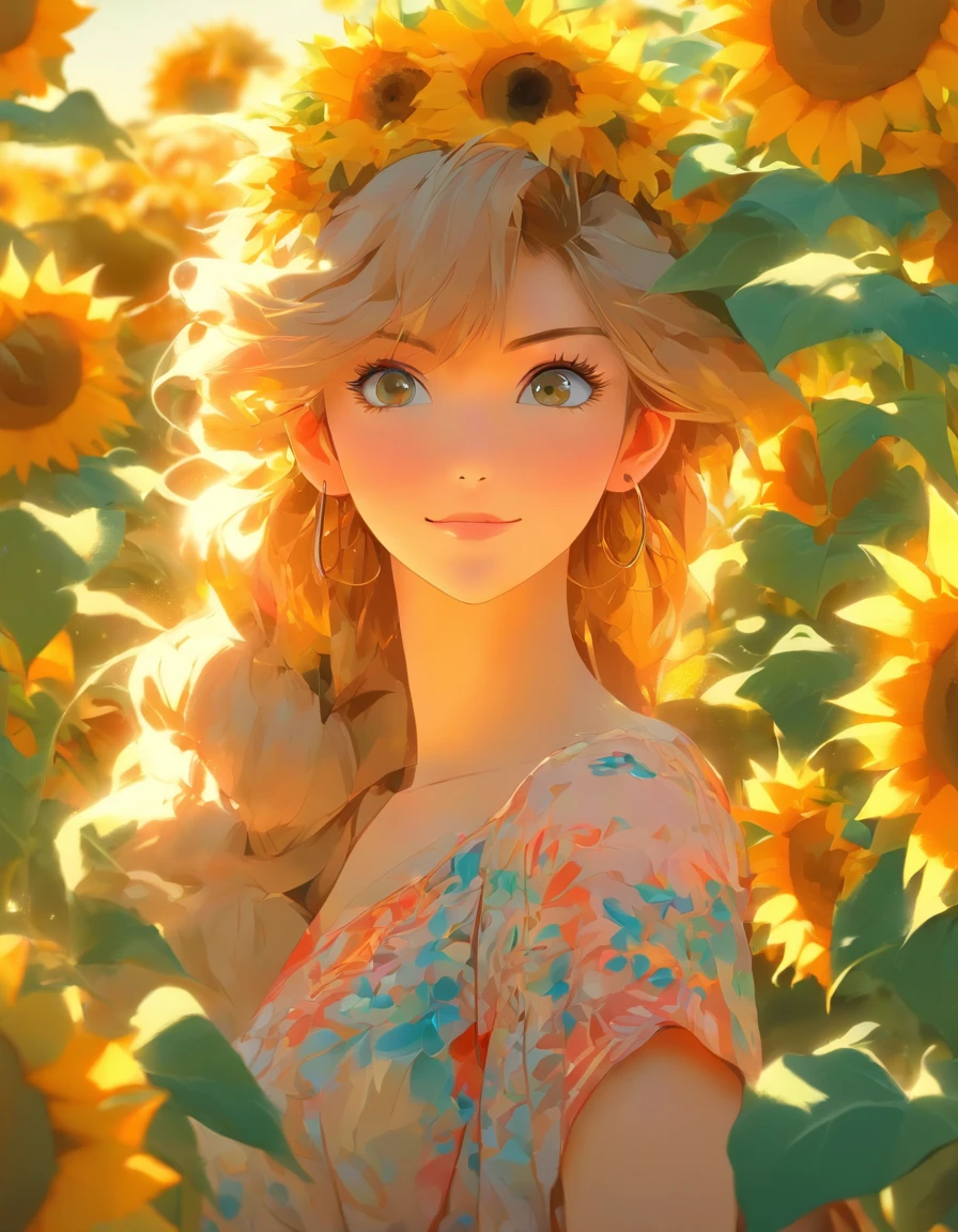 anime style, very fine illustration, high detail, dynamic angle, great detail, 8k, summer day, field of sunflowers, sunny day. BREAK The woman stands motionless, fascinated by the beautiful scene, watching the sunflowers bloom. The expression on her face says that she is sincerely delighted with the summer and the beauty of the blooming sunflowers.masterpiece, top quality, Best quality, official art, beautiful and aesthetically pleasing:1.2), (1 girl, mature:1.3, got old:1.3), Extremely detailed,(fractal art:1.1),(colorful:1.4)(flowers:1.3),The most detailed,(zentangle:1.2), (dynamic pose), (abstract background:1.3), (shiny skin), (many colors:1.4),(earrings:1.4), Long hair
