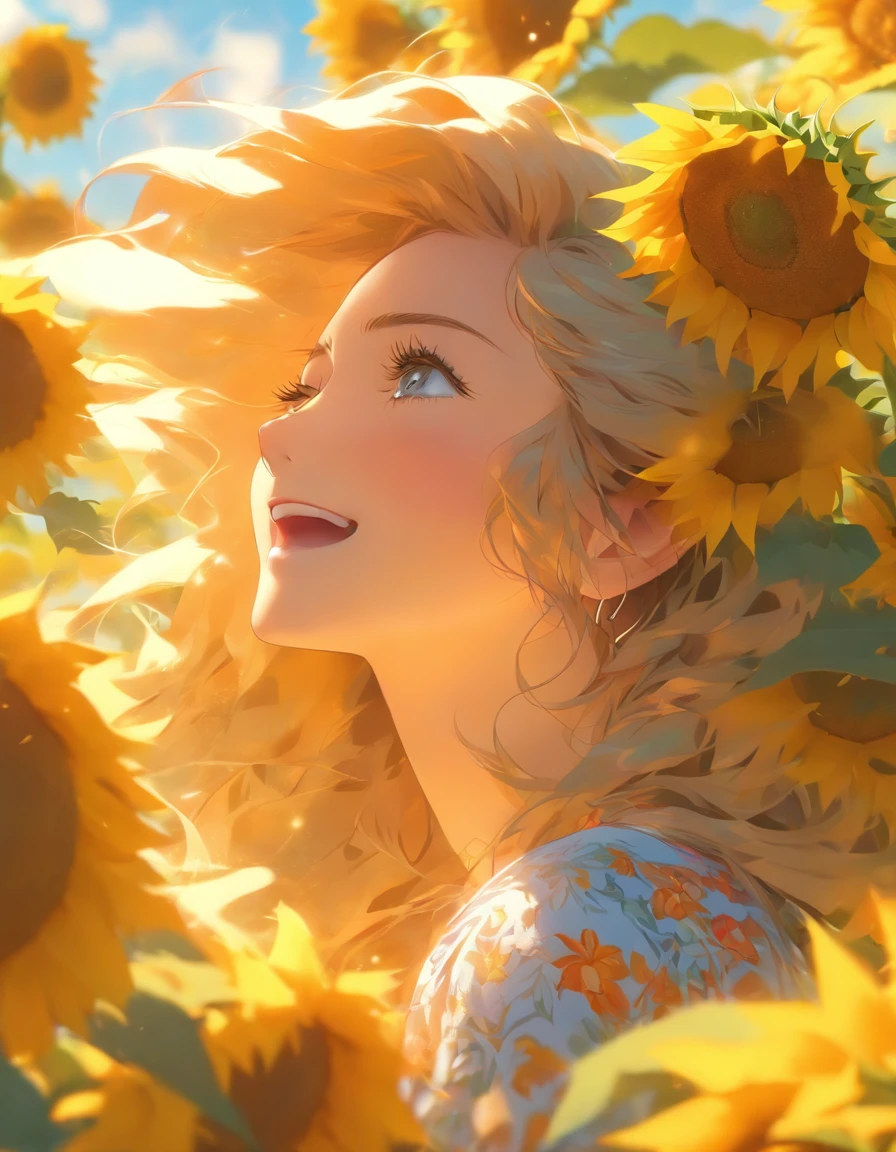 anime style, very fine illustration, high detail, dynamic angle, great detail, 8k, summer day, field of sunflowers, sunny day. BREAK The woman stands motionless, fascinated by the beautiful scene, watching the sunflowers bloom. The expression on her face says that she is sincerely delighted with the summer and the beauty of the blooming sunflowers.masterpiece, top quality, Best quality, official art, beautiful and aesthetically pleasing:1.2), (1 girl, mature:1.3, got old:1.3), Extremely detailed,(fractal art:1.1),(colorful:1.4)(flowers:1.3),The most detailed,(zentangle:1.2), (dynamic pose), (abstract background:1.3), (shiny skin), (many colors:1.4),(earrings:1.4), Long hair