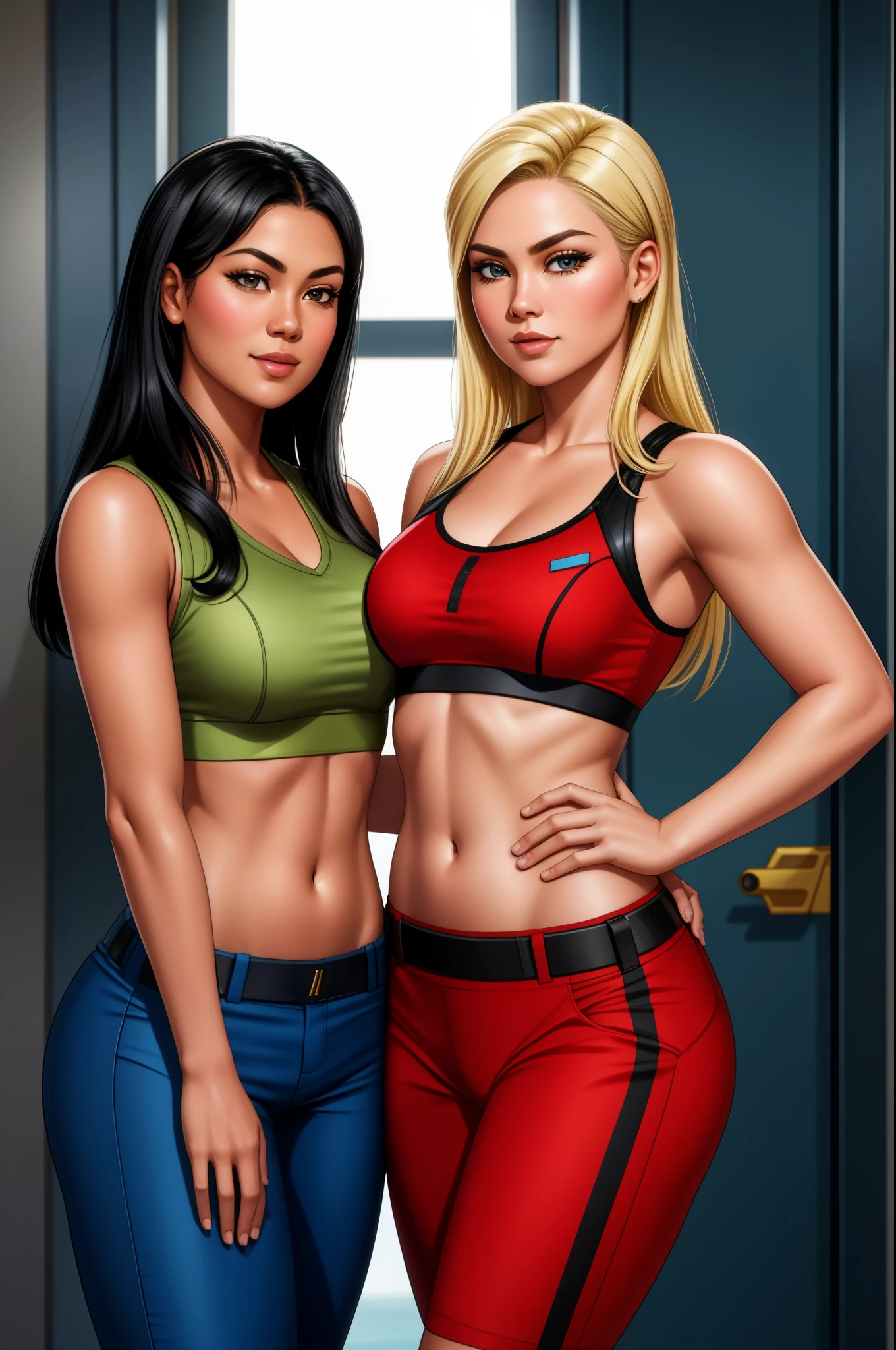 Lt. Sharon 'Boomer' Valerii and Number Six, Hawaiian woman with black hair, gorgeous blonde Russian woman, sexual tones, midriff, navel