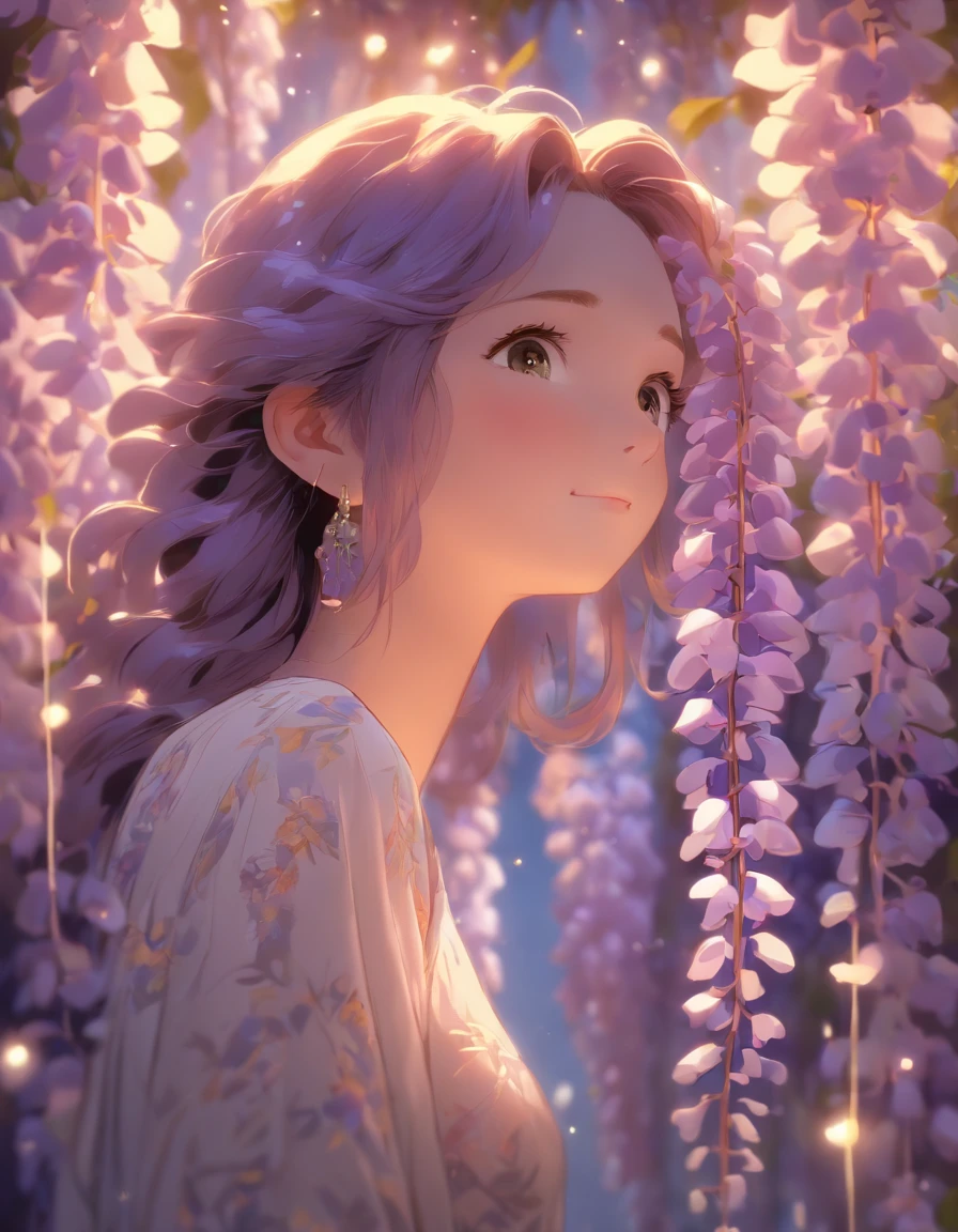 anime style, very fine illustration, high detail, dynamic foreshortening, great detail, 8k, Wisteria trees quietly shine on a spring night, illuminated by city lights. BREAK The woman stands motionless, fascinated by the beautiful scene, watching the wisteria flowers fall. The expression on her face says that she is sincerely delighted with the arrival of spring and the beauty of the flowering wisteria.masterpiece, top quality, Best quality, official art, beautiful and aesthetically pleasing:1.2), (1 girl, mature:1.3, got old:1.3), Extremely detailed,(fractal art:1.1),(colorful:1.4)(flowers:1.3),The most detailed,(zentangle:1.2), (dynamic pose), (abstract background:1.3), (shiny skin), (many colors:1.4),(earrings:1.4), Long hair