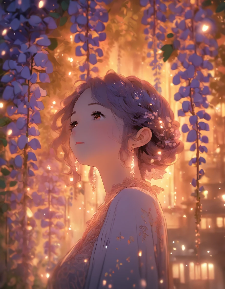 anime style, very fine illustration, high detail, dynamic foreshortening, great detail, 8k, Wisteria trees quietly shine on a spring night, illuminated by city lights. BREAK The woman stands motionless, fascinated by the beautiful scene, watching the wisteria flowers fall. The expression on her face says that she is sincerely delighted with the arrival of spring and the beauty of the flowering wisteria.masterpiece, top quality, Best quality, official art, beautiful and aesthetically pleasing:1.2), (1 girl, mature:1.3, got old:1.3), Extremely detailed,(fractal art:1.1),(colorful:1.4)(flowers:1.3),The most detailed,(zentangle:1.2), (dynamic pose), (abstract background:1.3), (shiny skin), (many colors:1.4),(earrings:1.4), Long hair