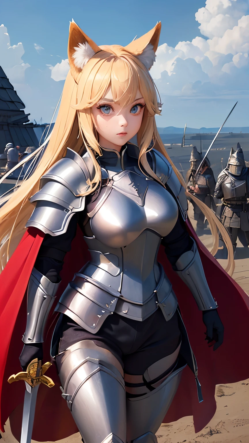 ((Highest quality))、((8K))、((Warrior))、((woman))、Big eyes、Double、((大人のwoman))、whole body、(armor)、((whole bodyarmor))、Fox Ears、long hair、((battlefield))、Cape、((Real))、Big Breasts、pants、((sword))