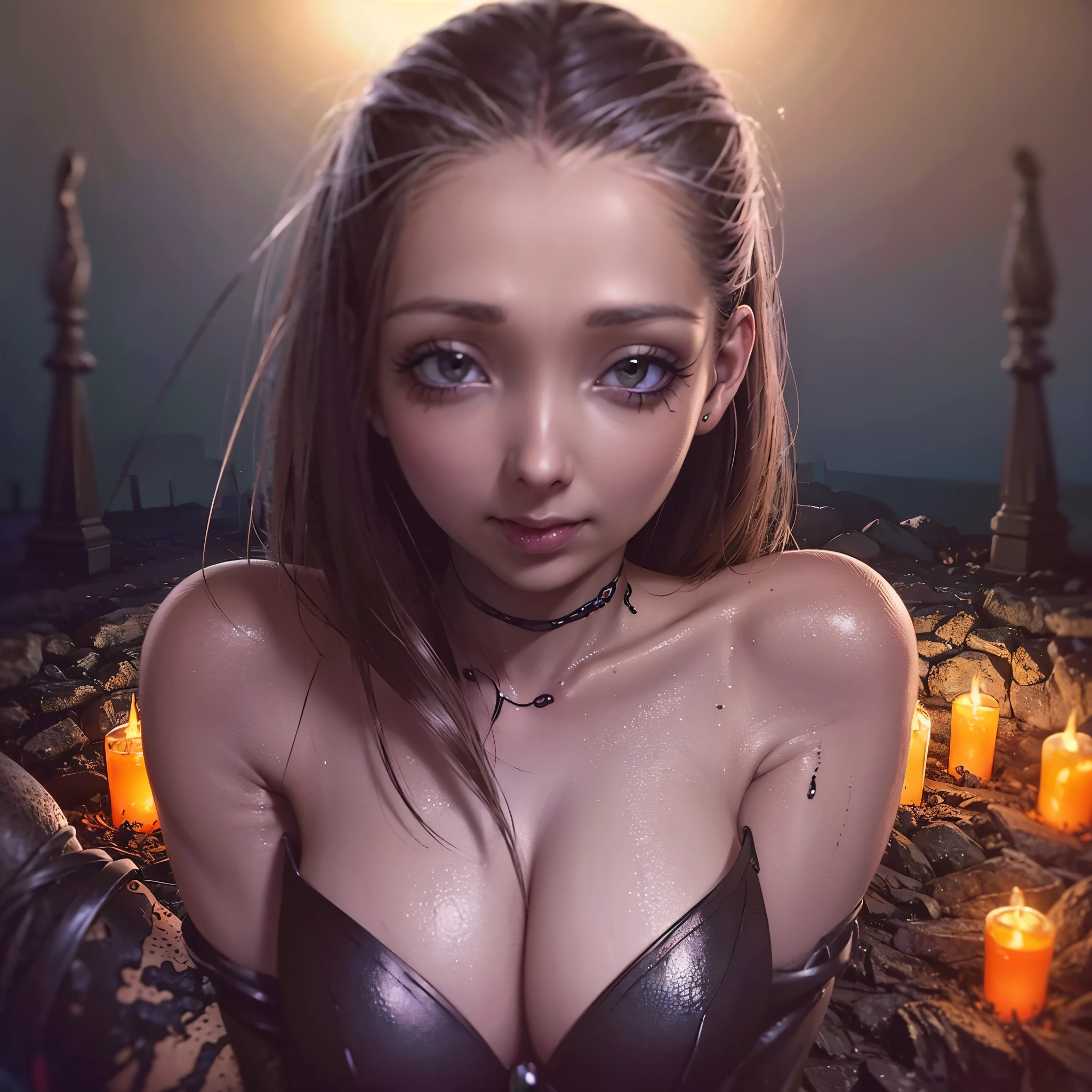 A cute woman,extremely detailed eyes and face,1girl,naked,spooky front porch,body paint,extensive Halloween themed body paint,longeyelashes,posing,cobwebs,Jacko lanterns,dark atmosphere,portraits,vivid colors,sharp focus,night scene,creepy lighting,best quality,physically-based rendering