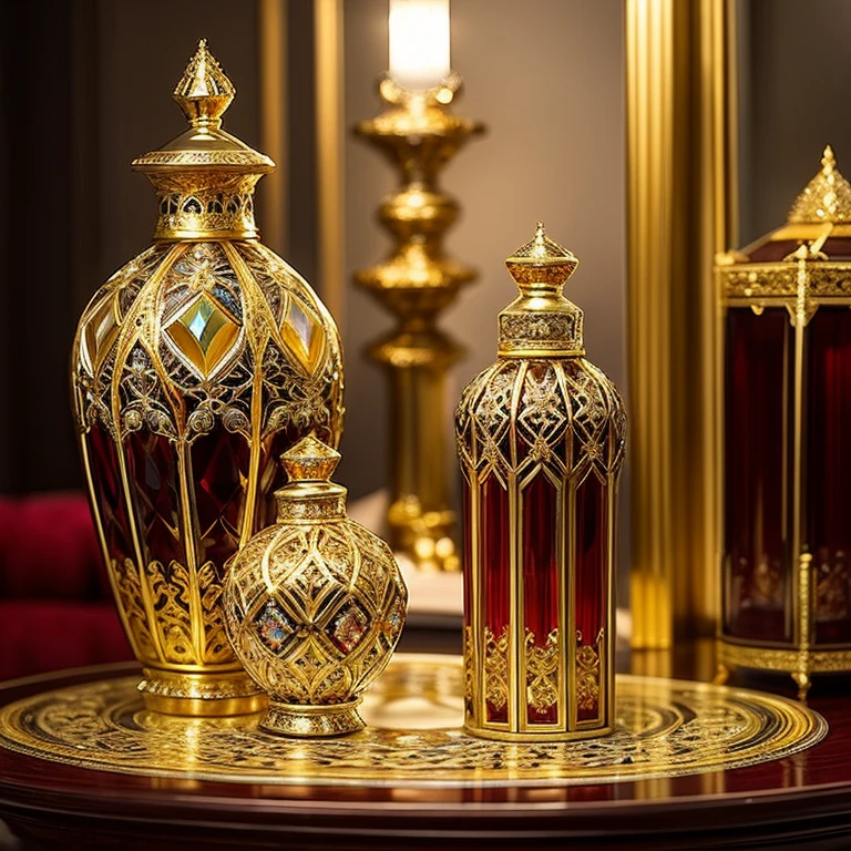 A masterpiece of ultra-detailed craftsmanship: a 12ml luxurious attar bottle, adorned with ornate gold and crystal accents. The exquisite glasswork displays richly engraved patterns, emphasized by sparkling gemstone embellishments. Gold-plated details gleam, showcasing meticulous attention to every intricate detail. The opulent and extravagant design boasts elegant and refined aesthetics, illuminated by soft, diffused lighting. Subtle reflections and highlights dance off the meticulously crafted glass stopper and lustrous metallic finishes. Vibrant and captivating colors come together in this sophisticated