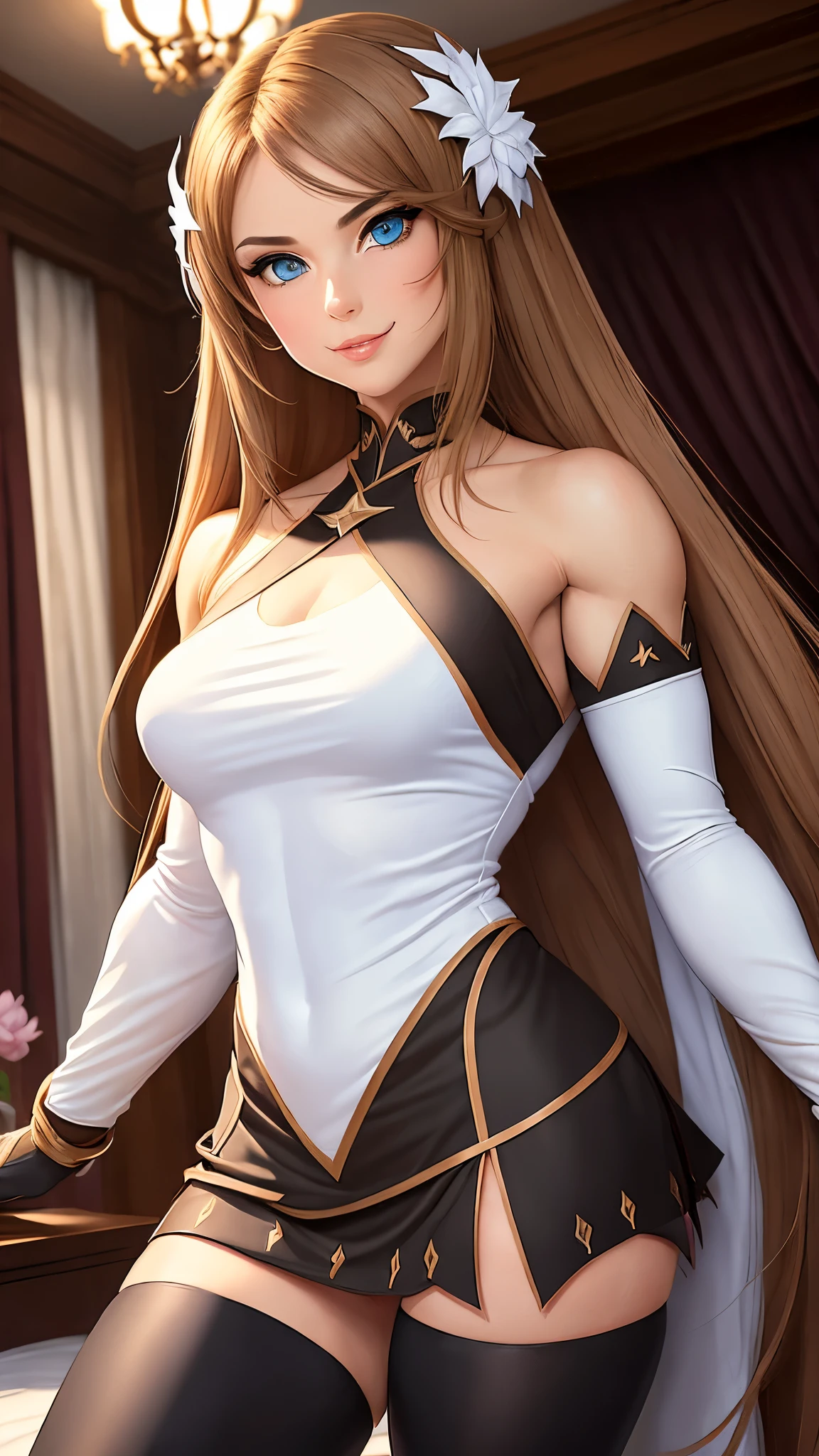 1girl, walking proudly, marta lualdi, blue eyes, brown hair, long hair, hair ornament, hair between eyes, dress, detached sleeves, white silk gloves, miniskirt, black thighhighs, fallen hero cape, winged, sword in its sheath behind her back, divine weapon behind herself, abs, very strong, agile, fit, muscles, flat chest, muscular, (steroid:0.6), female bodybuilder, powerful, godly, classy, modesty, glamourous, dominant, arrogant, proud, confident, mean, super tall, smirking, fangs, lipstick, eye shadow, blush, makeup, looking at viewer, (from below:0.7), Honeymoon bed with curtains underneath a waterfall, dark night, extremely detailed, high quality, high resolution face, score_9, score_8_up, solo,