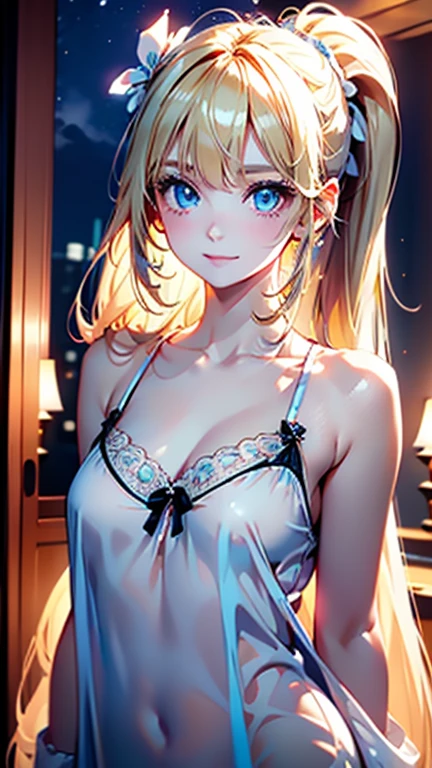 Best quality , masterpiece, Portrait、、Bright expression、ponytail、Young, shiny, white, glossy skin、Gloss Face、Shining Cheek Gloss、Small Face Beauty、The best beauty、The dazzling light of blonde hair、Bright blonde hair with dazzling highlights、Very beautiful shiny light blonde hair、super long silky straight hair、Her shiny, beautiful bangs are covering her eyes.、Sparkling, clear, attractive, bright, large, pale blue eyes、Very big eyes、eyeliner、very beautiful lovely cute girl、Ample Bust, full body , smile , ((((night wear ))))