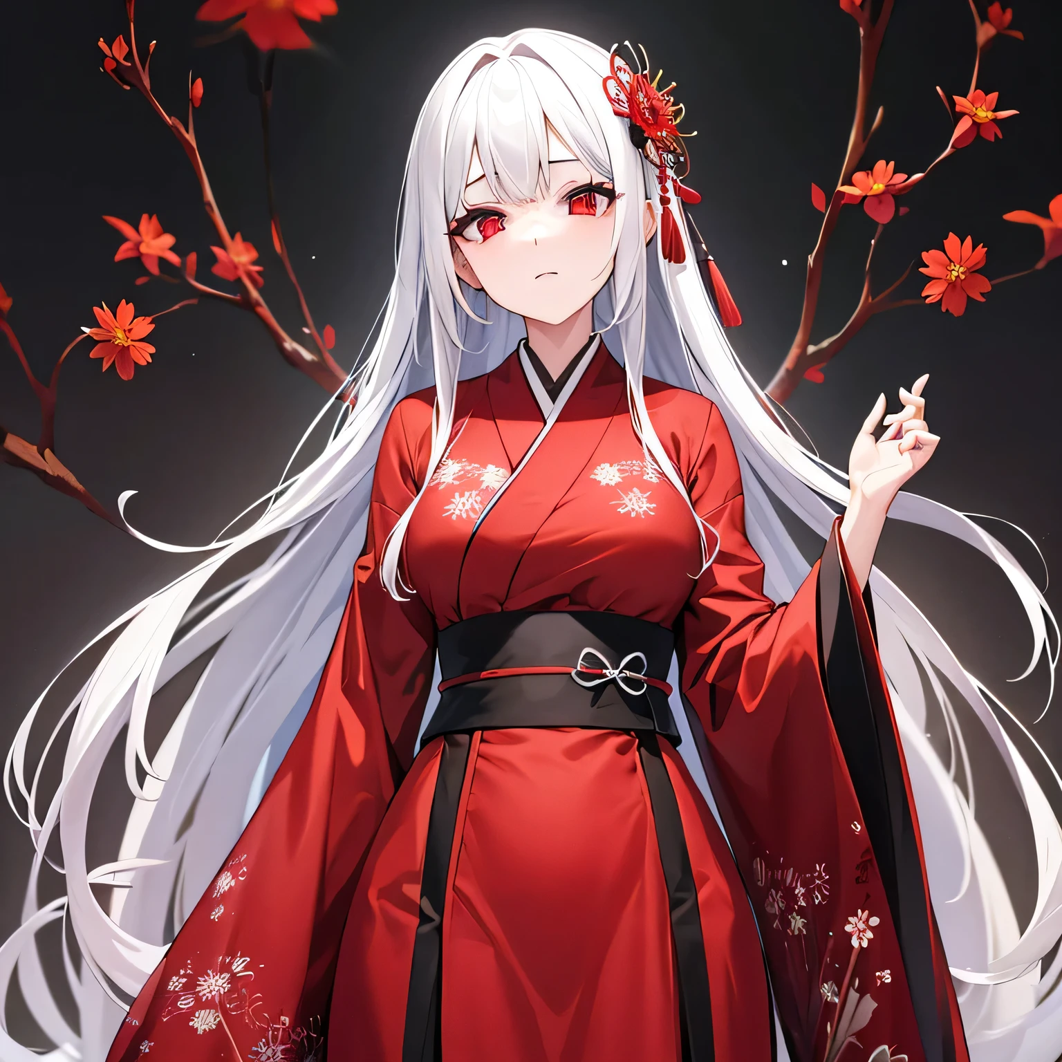 Beautiful woman with gray hair in kimono、Red eyes、Expressionless、Higanbana flowers are blooming everywhere..、Black background、Her white hair is down、The whole body is visible、Confused Eyes、Red spots in hair、Long Hair、Red mesh hair、Standing in a field of red spider lilies、The dress is black、Look down、He has a dead face、