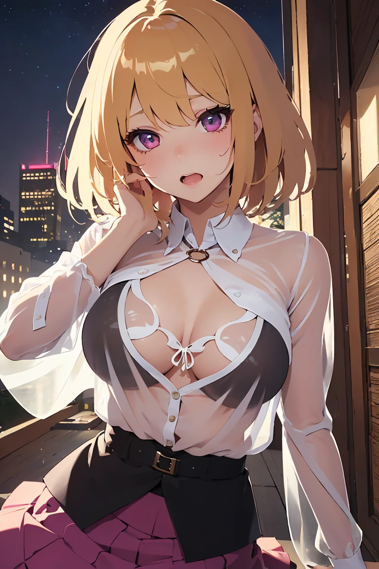 masterpiece, absurdres, best quality, ultra detailed, high Resolution, detailed illustration, bright colour, (extremely beautiful detailed face and eyes, Delicate beautiful face, 1 girl, cute face:1.3), (magenta eyes:1.1), sparkling eyes, big eyes, medium breasts, (perky breasts:1.1), (pointy breasts:1.1), medium hips, glamorous body, white skin, BREAK, long bob cut, (blonde hair:0.8), messy hair, detailed hair, shiny hair, BREAK (tunic, down blouse, see-through-skirt:1.5), perfect lighting, (embarrassed:1.5), (ecstasy, vulgarity:1.5), (trembling:0.8), Night Road,