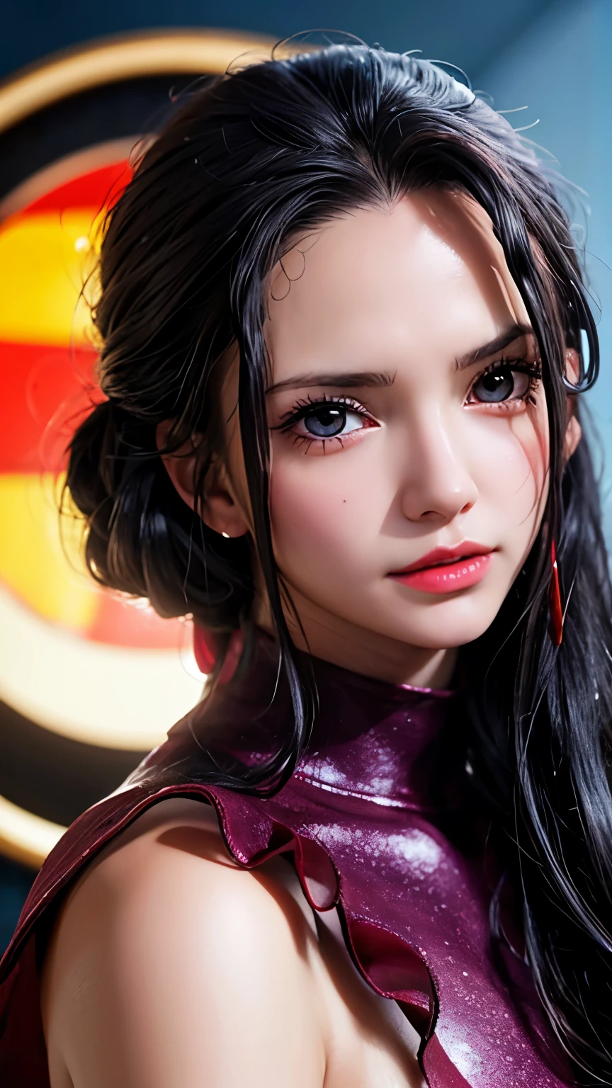 Close-up of a person with long hair and purple clothing, viola, viola from anime one piece, as an Anime characters, Perfect anime face, she has Black Hair with bangs, female Anime characters, Anime characters, Anime Best Girl, Hime cut hairstyle, Black Hair, (Red glossy lips:1.3), blue eyes, smile, Ocean Background, (Beautiful Face:1.3)，（8K，RAW Photos），（Best Quality），（Masterpiece Loose），（Realistic，）（写実的でRealistic），（High resolution），Hyper Detail，（Gentel Realism：1.1），Beautiful Face， （1 Female：1.1），High resolution), (8k), (Very detailed), (4K), (Pixiv), Perfect Face, Beautiful eyes and face, (highest quality), (Very detailed), Detailed face and eyes, (alone), Textured skin, Absurd, High resolution,