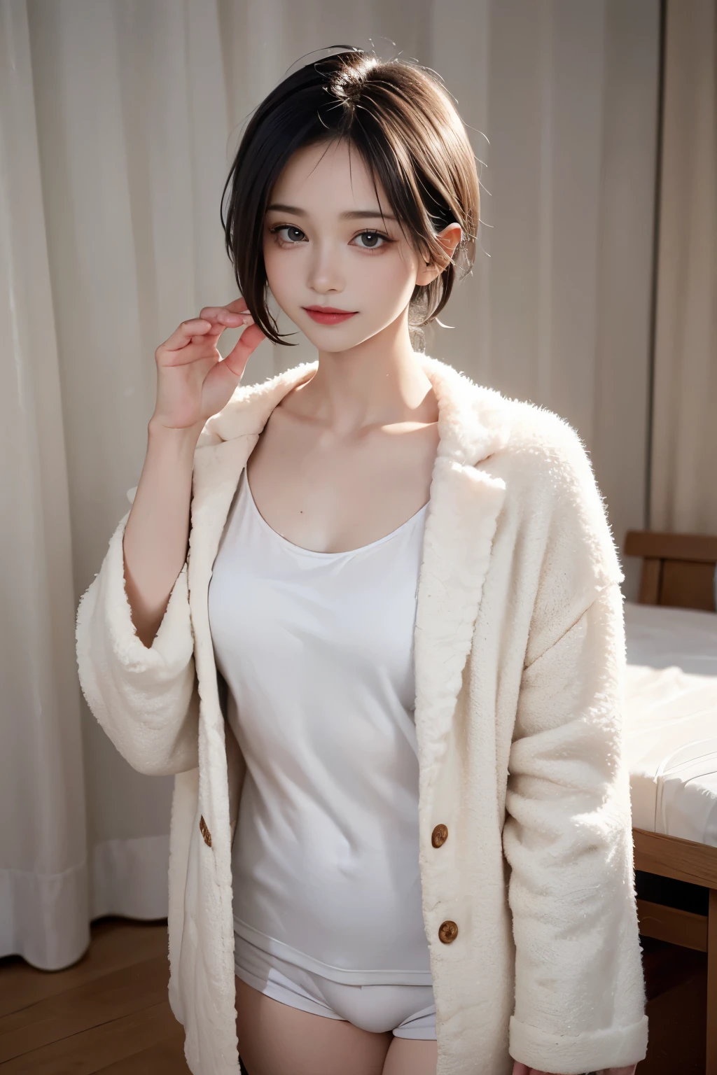 (Tabletop:1.3), High resolution, Very detailed, Very detailed CG Unity 8K wallpaper, Realistic, Realistic, RAW Photos, Beautifully detailed face, Pale skin, Realistic glowing skin, Detailed cloth texture, Detailed hair texture, Perfect body, Beautiful Face, Accurate, Anatomically correct, Very detailed face and skin texture, Natural neck length, (Beautiful Hands), (Fair skin:1.2), Thin legs, Thin legs,
break,
fine grain, Clear double eyelids, Thin eyebrows, (Glossy Lips:1.4), (Smiling Kindly:1.2),
break,
(Browsing Caution:1.1), (Classy and cute girl:1.3), (1 girl, One Girl), (((ピンクの白のTwo-tone color with thick horizontal stripes Blanket material pajamas、Super fluffy fleece pajamas:1.5、超ふわふわなSoft and fluffy fleece pajamaini shorts:1.5、Fluffy lounge pajamas、Fluffy and soft material))),
(Slim figure、Large, firm breasts:1.2), Beautiful clavicle,
break,
(Look to the side of the viewer:1.2), ((Focus on the face:1.2)),
((Bedroom at night:1.2)), (Cowboy Shot:1.2),