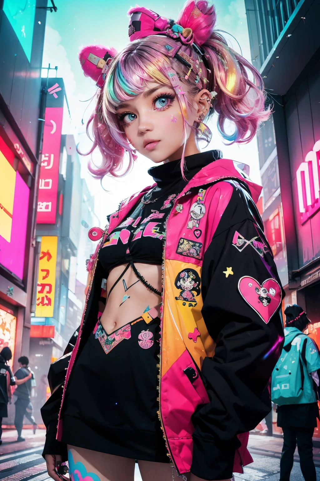 This is a cool cyberpunk and ornate (masterpiece). Generate a trendy decora woman in the colorful and busy streets of cyberpunk Akihabara, Tokyo. Generate a happy decora and cyberpunk adult woman in the style of Artstation and cyberpunk Harajuku street fashion. Her clothes are vibrant in the Harajuku style. Include oversized accessories, neon colors, and inventive layering. The woman's clothes and accessories should be highly ornate in the ((((Harajuku decora)))) and cyberpunk kei style.  The woman's hair is curly and glossy and styled cutely. The woman's clothes and accessories should be highly ornate in the Harajuku decora and decora kei style. Her eyes are important and stunning, with interesting coloring and patterns. ((((iridescence and shimmer)))), glitter, best eyes, best quality, cyberpunk kei, visual kei, selfie, bold colors and patterns, LED lights, ((glowing neon signs)), ((ultra detailed)), ((dynamic composition)), (((decora)))