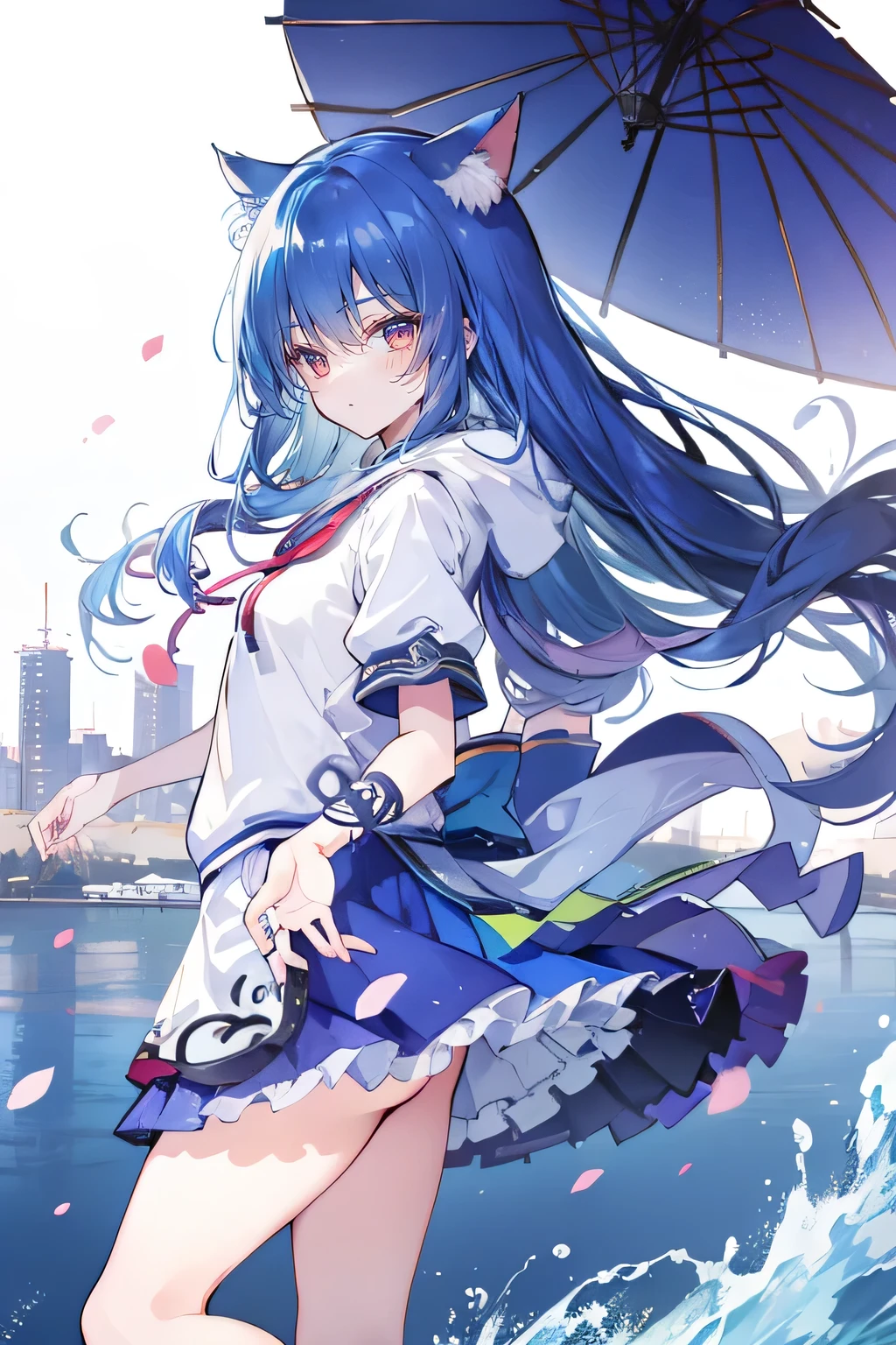 （masterpiece：1.2），Super detailed，lifelike，Expressive eyes，fair skin，perfect face shape，1 girl，
Japanese comics,Gorgeous blue hair,flowing blue hair,flowing clothes,Cat ears,Petals fall,beautiful lola,Baby Angel,
Shaking head with one hand，Cross your legs，Gentle and peaceful background，The pavilion is cool and comfortable,smile, wearing hoodie, background of tokyo,back views,snowing, winter.