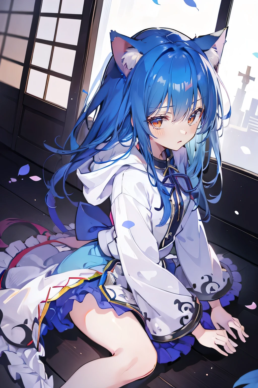 (masterpiece:1.2),Super detailed,lifelike,Expressive eyes,fair skin,perfect face shape,1 girl,
Japanese comics,Gorgeous blue hair,flowing blue hair,flowing clothes,Cat ears,Petals fall,beautiful lola,Baby Angel,
Shaking head with one hand,Cross your legs,Gentle and peaceful background,The pavilion is cool and comfortable,smile, wearing hoodie, background of tokyo,back views,snowing, winter.