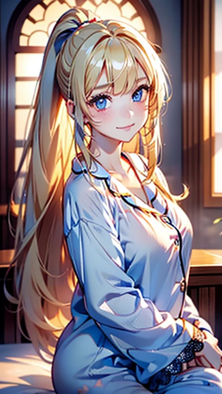 Best quality , masterpiece, Portrait、、Bright expression、ponytail、Young, shiny, white, glossy skin、Gloss Face、Shining Cheek Gloss、Small Face Beauty、The best beauty、The dazzling light of blonde hair、Bright blonde hair with dazzling highlights、Very beautiful shiny light blonde hair、super long silky straight hair、Her shiny, beautiful bangs are covering her eyes.、Sparkling, clear, attractive, bright, large, pale blue eyes、Very big eyes、eyeliner、very beautiful lovely cute 16 year old girl、Ample Bust, full body , smile , ((((pajama ))))