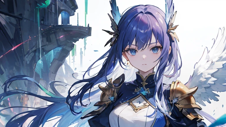 ((best quality)), ((masterpiece)), (detailed), Perfect face，Woman dressed in futuristic clothing，Standing in front of a big tree，Feather wings behind, Archangel Knight，girl, Armor Girl, 穿着机甲网络装甲的girl, 十二生肖girl的骑士, Mechanized Warrior Girl, Anime Fantasy Artwork, 女性动作动漫girl, 美丽的天使girl, Portrait of the Zodiac Girl Knight, Anime Fantasy Illustration, As a mysterious Valkyrie, Anime Fantasy Artwork
