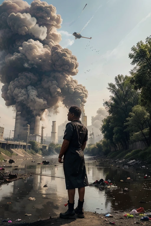 Image with a planet that has factories full of smoke, people throwing garbage and marrying animals, contaminated rivers, felling of trees and even one side of the planet a thermometer elevated by global warming.