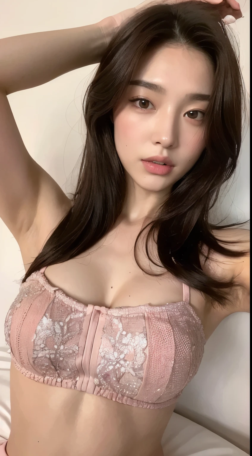 ((Top Quality, 8k, Masterpiece: 1.3)), Beauty, 5 Girl, Big: 1.3, Slender Figure: 1.1, Firm Abs, Sexy Face, Dark Brown Hair, (On the Bed, Erotic Pink Clothes: 1.1), Ultra Detailed Face, Detailed Lips, Detailed Eyes, Double Eyelids, Show Armpits