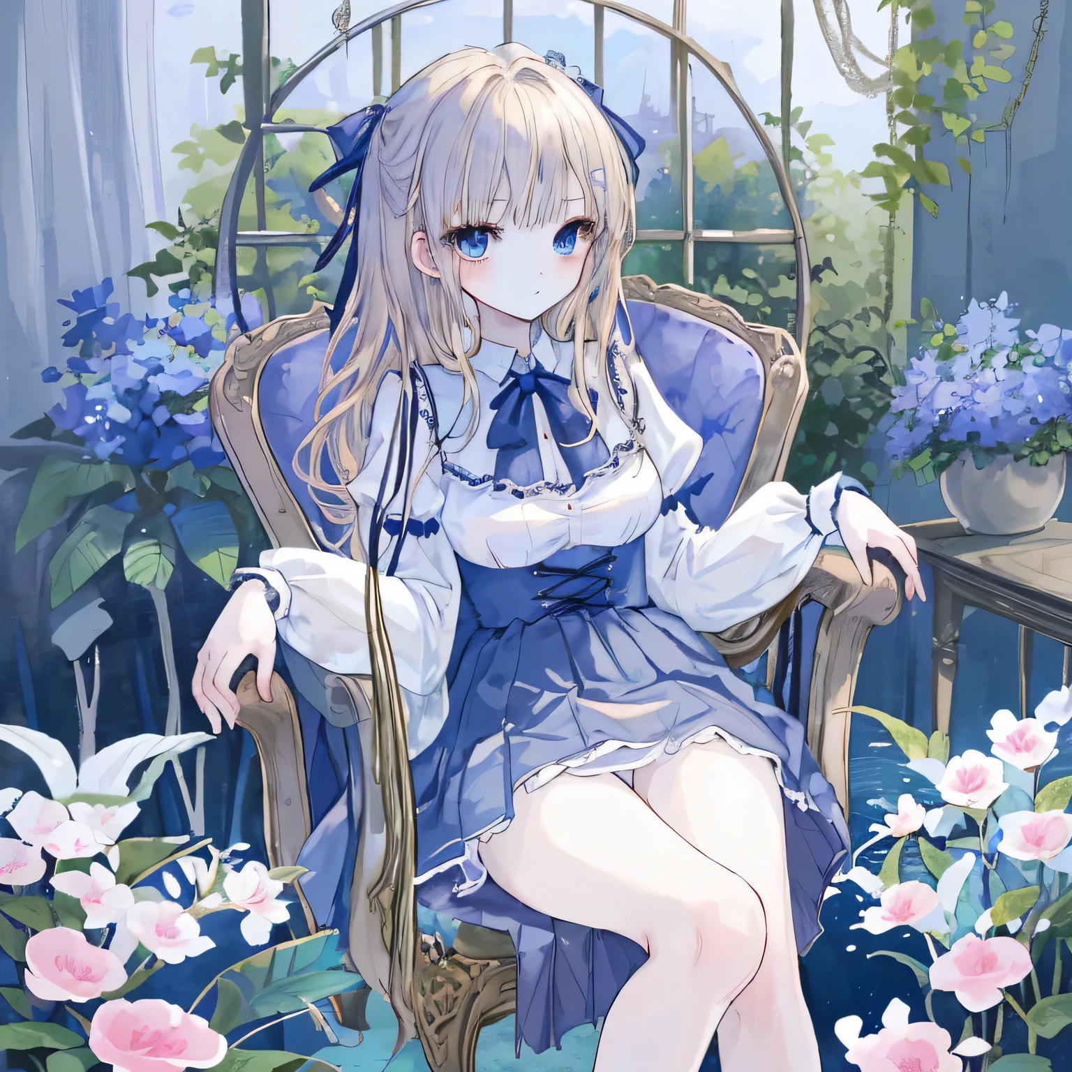 masterpiece、highest quality、detailed、woman: 1 person、blue eyes、blonde、Sheer blouse、Unbuttoned blouse、Pleated skirt、Blue hairpin、Huge 、Huge 、garden、Sit on a chair with your legs open、Bend your knees and spread your legs、White panties、Knee-high socks、Showing panties
