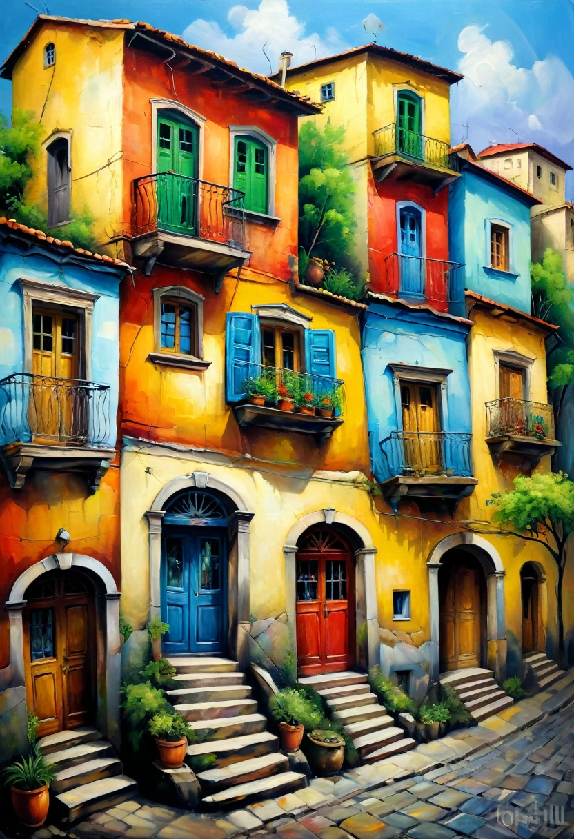 Georgian streets of old Tbilisi, in primitivism style. David Martiashvili. A rich palette, a special writing technique. Synthesis of primitive forms with complex painting techniques. Aesthetics. Colorful oil painting. Old shabby houses that have retained their beauty and charm