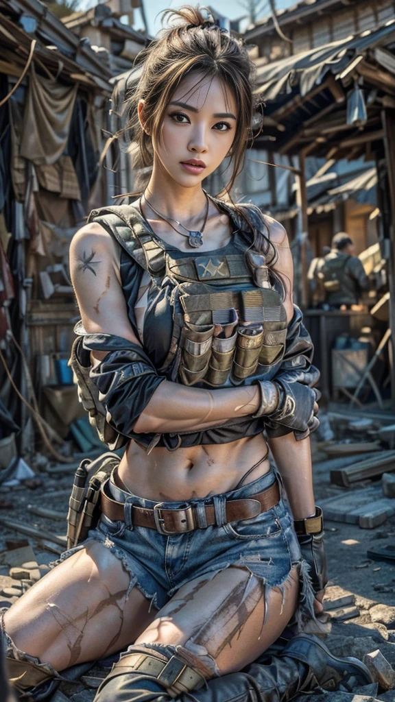 (Realistic photos:1.3, 16k, highest quality, masterpiece, Ultra-high resolution), Perfect dynamic composition:1.2, Very detailedな肌と顔の質感:1.2, , (war:1.0, battlefield:1.0, A ruined world:1.0, Increase the destructive element:1.0, rubble:1.0, Innovative Configuration:1.0), Professional camera work, Dynamic pose:0.7, Very detailed, Beautiful Japanese Women Serving in the U.S. Military, Incredibly slim body, Fair skin, Very beautiful face, Stern expression, (Automatic rifle:0.5, Bulletproof vest:0.5, Torn clothes:0.5, Backpack:0.5, boots), Shapely breasts, Chest gap, (Covered in scars:1.0, Big eyes that exude beautiful eroticism, Lips that exude beautiful eroticism), Cowboy Shot, necklace, Earrings, bracelet