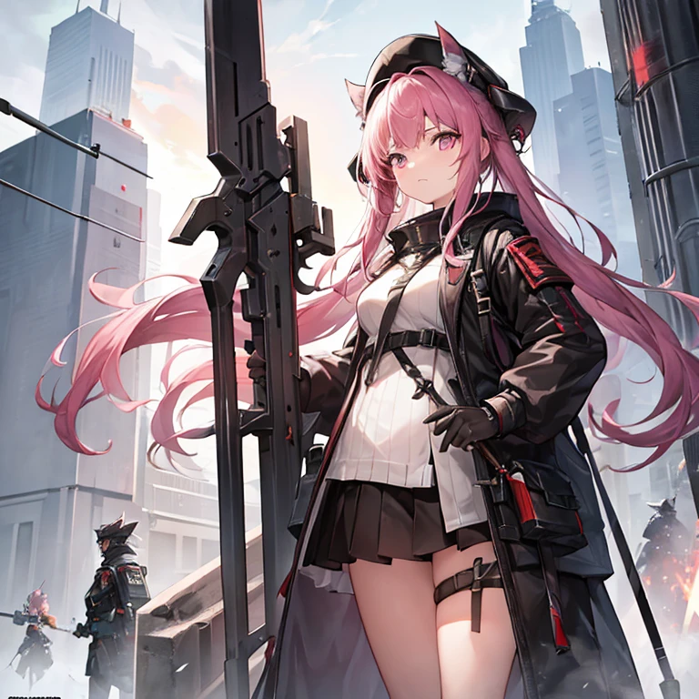 Need a single character image，The style is similar to the anime characters in the mobile game Arknights，Race is the film in the game，From the in-game country Victoria，Occupation is the intelligence unit of the country in the game Gray Hat。Age 18 years，Height 1.5 meters。She is a little loli，The hair is pink，She is petite and cute, but can hide her enormous strength under her uniform.，Good appearance，There is a murderous atmosphere，But the walking posture is a bit silly。Wearing combat gloves，The face is covered with a combat mask，Leaking hair。The weapon type carried is a two-handed greataxe，The weapon is taller than she is.，Usually the weapon is placed behind its back，When danger comes, it will quickly enter combat mode。