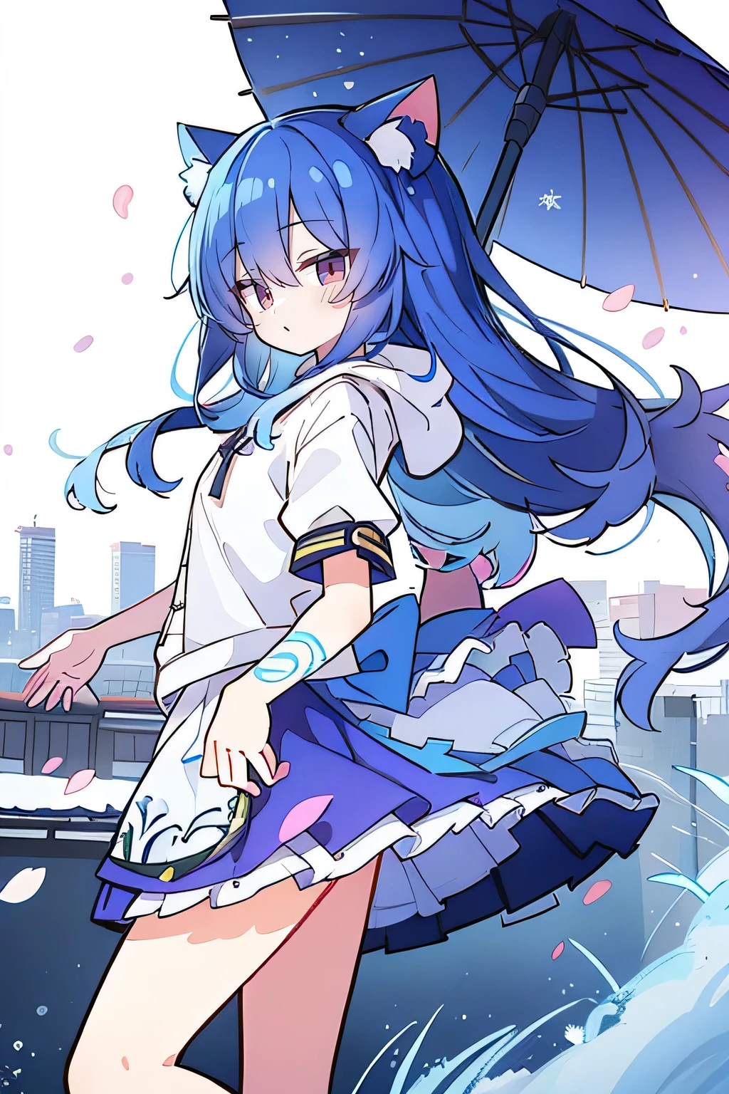 (masterpiece:1.2),Super detailed,lifelike,Expressive eyes,fair skin,perfect face shape,1 girl,
Japanese comics,Gorgeous blue hair,flowing blue hair,flowing clothes,Cat ears,Petals fall,beautiful lola,Baby Angel,
Shaking head with one hand,Cross your legs,Gentle and peaceful background,The pavilion is cool and comfortable,smile, wearing hoodie, background of tokyo,back views,snowing, winter.