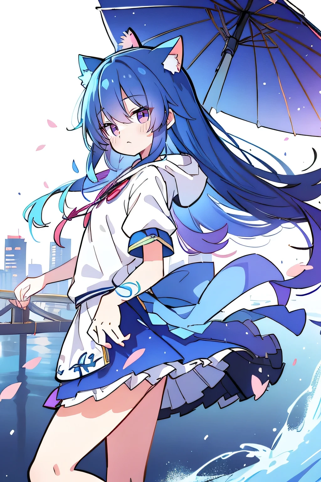 (masterpiece:1.2),Super detailed,lifelike,Expressive eyes,fair skin,perfect face shape,1 girl,
Japanese comics,Gorgeous blue hair,flowing blue hair,flowing clothes,Cat ears,Petals fall,beautiful lola,Baby Angel,
Shaking head with one hand,Cross your legs,Gentle and peaceful background,The pavilion is cool and comfortable,smile, wearing hoodie, background of tokyo,back views,snowing, winter.