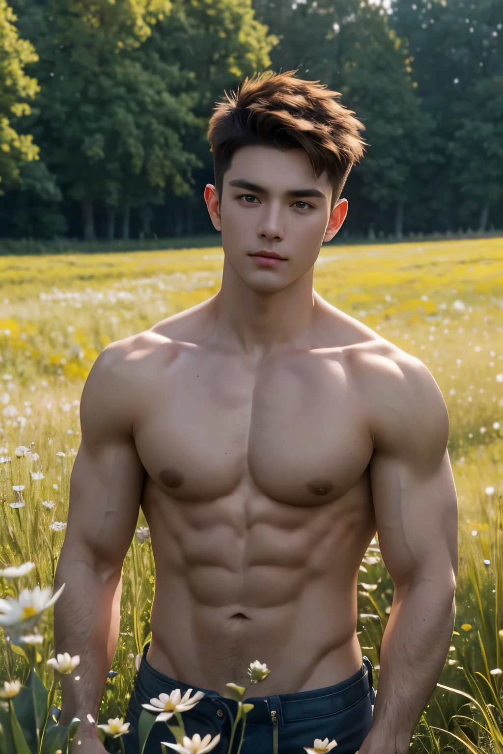 A handsome boy with flowers, 25 years old, brown spiky hair, light hazel brown eyes, masculine pose standing in a meadow, mysterious lighting, muscular physique, looking into the camera, upper body close up, polish, 8k UHD, SLR camera, soft lighting, high quality, film grain, Fujifilm XT3