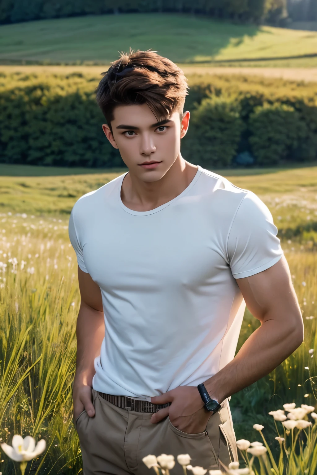 A handsome boy with flowers, 25 years old, brown spiky hair, light hazel brown eyes, masculine pose standing in a meadow, mysterious lighting, muscular physique, looking into the camera, upper body close up, polish, 8k UHD, SLR camera, soft lighting, high quality, film grain, Fujifilm XT3