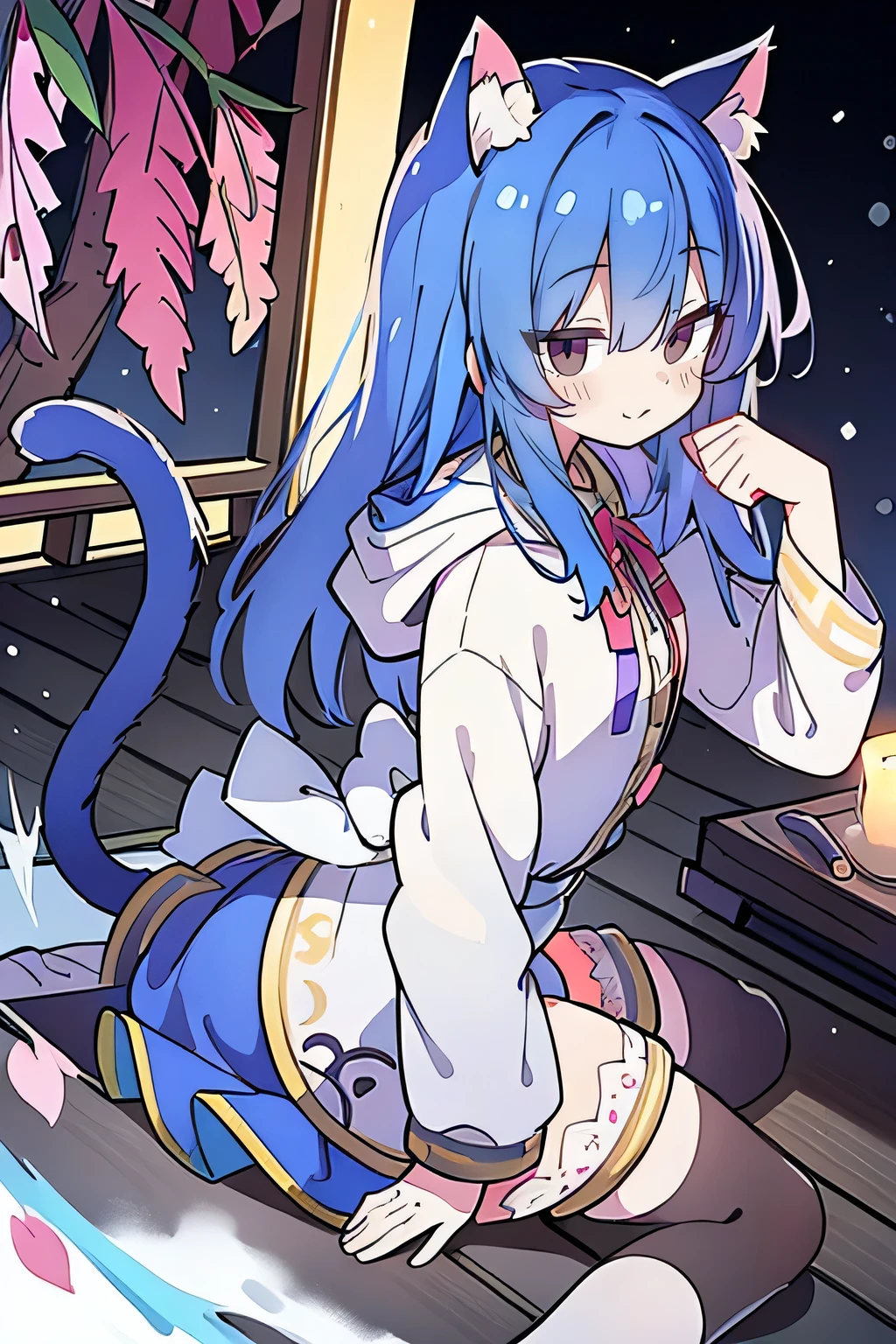 （masterpiece：1.2），Super detailed，lifelike，Expressive eyes，fair skin，perfect face shape，1 girl，
Japanese comics,Gorgeous blue hair,flowing blue hair,flowing clothes,Cat ears,Petals fall,beautiful lola,Baby Angel,
Shaking head with one hand，Cross your legs，Gentle and peaceful background，The pavilion is cool and comfortable,smile, wearing hoodie, background of tokyo,back views,snowing, winter.