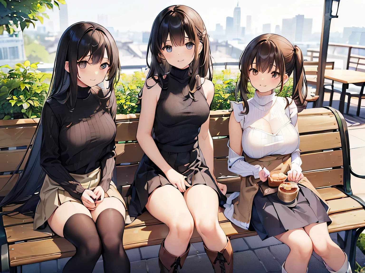 Super detailed, Best Quality, High resolution, Moe Anime, ((((Three cute  girls with black hair are sitting.)))), (Baby Fig eyes:1.5, Droopy eyes:1.5)), Pretty eyes, View your viewers, Light skin, Focus on the face, ((The upper body is in transparent lingerie and the lower body is naked.)), (Nipples are clearly visible:1.5), Belly button, Shoulder Bare, ((Flat Chest)), In the park with cherry blossoms falling, Knee-high boots