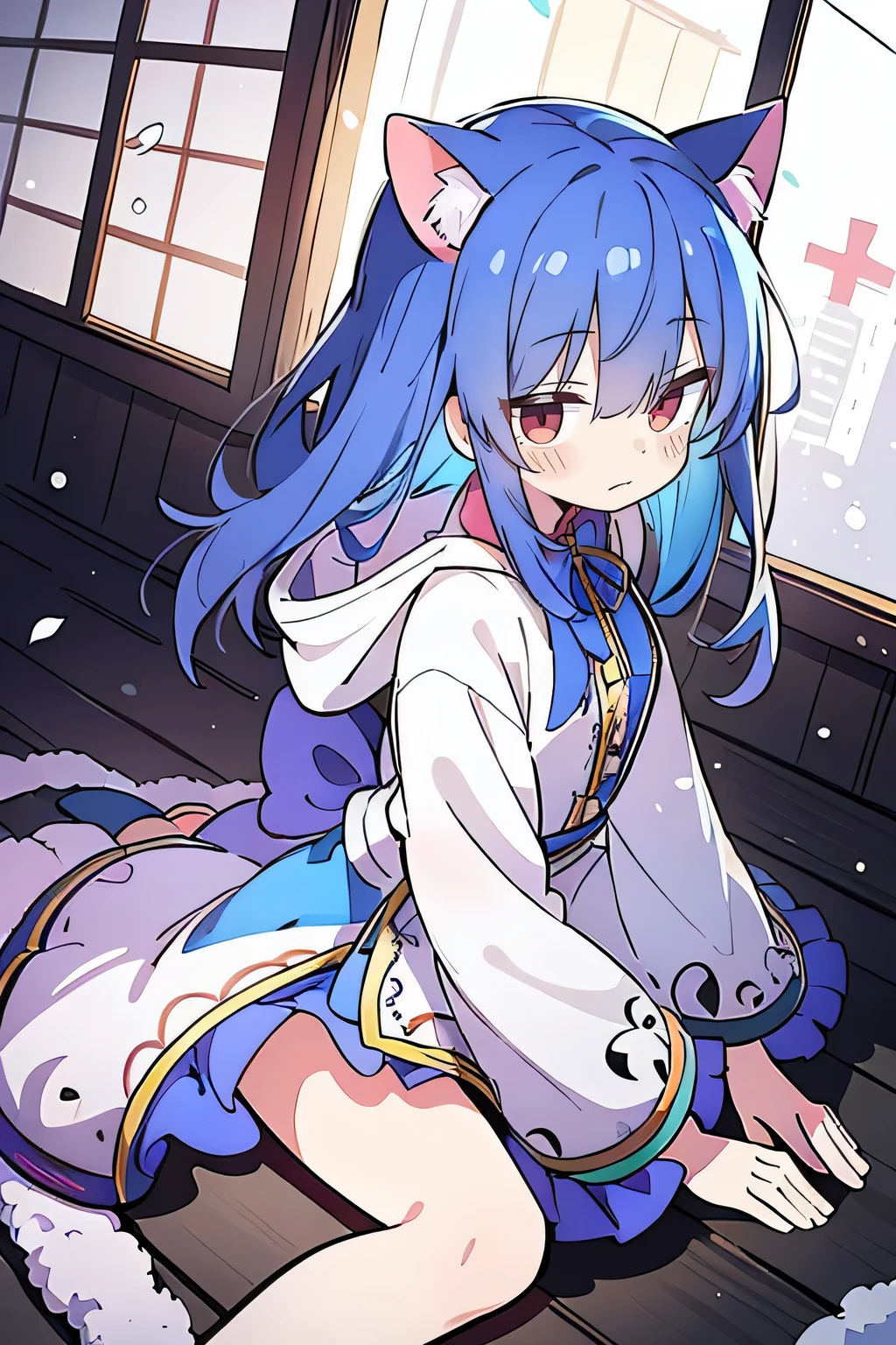 (masterpiece:1.2),Super detailed,lifelike,Expressive eyes,fair skin,perfect face shape,1 girl,
Japanese comics,Gorgeous blue hair,flowing blue hair,flowing clothes,Cat ears,Petals fall,beautiful lola,Baby Angel,
Shaking head with one hand,Cross your legs,Gentle and peaceful background,The pavilion is cool and comfortable,smile, wearing hoodie, background of tokyo,back views,snowing, winter.
