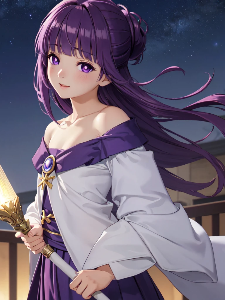 masterpiece, best quality, ultra detailed, highres, extremely detailed CG unity 8k wallpaper, perfect lighting,  very detailed background, beautiful and aesthetic,sharp focus, perfect face, dynamic pose, dynamic angle,
1girl, upper body, (portrait:1.1), multicolored yukata, looking at viewer,  full-face blush, from side, from below, smile,Open your mouth、Pink Lips、Close up on face、
night, dark sky, skyscraper, Penthouse in Tower Mansion、balcony、Starry Sky、
、(Shoulder Bare:1.6)、(Off the shoulder:1.7)、(Holding a wizard's wand:1.3)、(flat chest:1.4)、
fern, long hair, bangs, (purple eyes:1.1), purple hair, sidelocks, blunt bangs, (bright pupils:1.5), half updo,